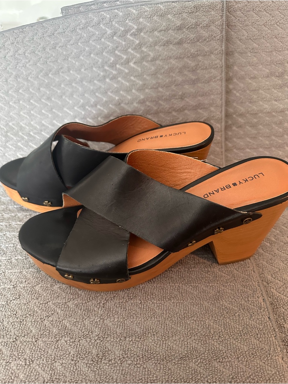 Lucky Brand Black Leather Crisscross Clog Sandals with Wood Heel